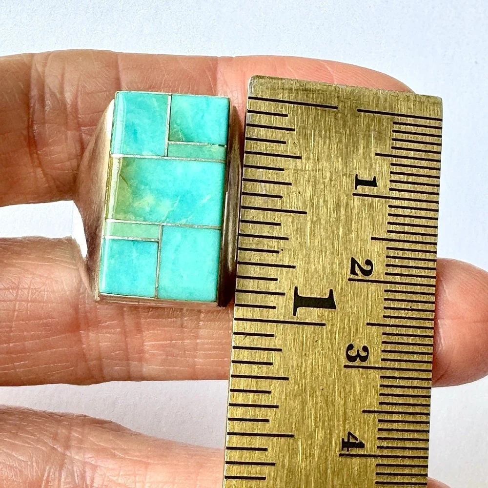 Navajo Turquoise Mens Ring Sz 13 Signed WG Sterling Inlay Rect‎ Native American